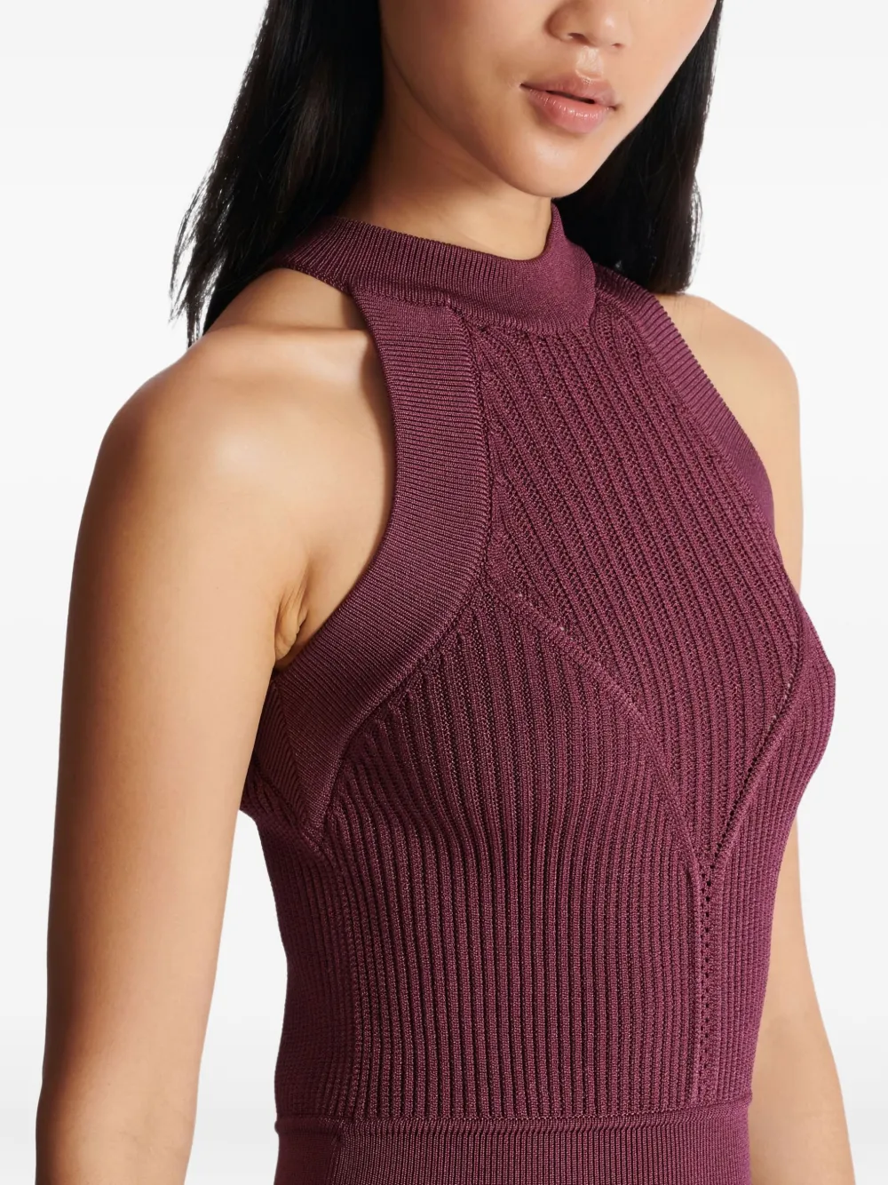 Balmain Sleeveless Flared Dress In Openwork Knit In Purple