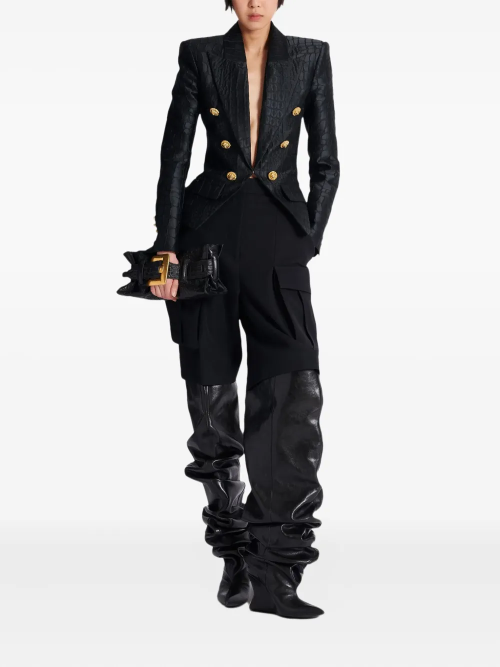 Balmain Crocodile-jacquard Six-buttons Blazer In Black
