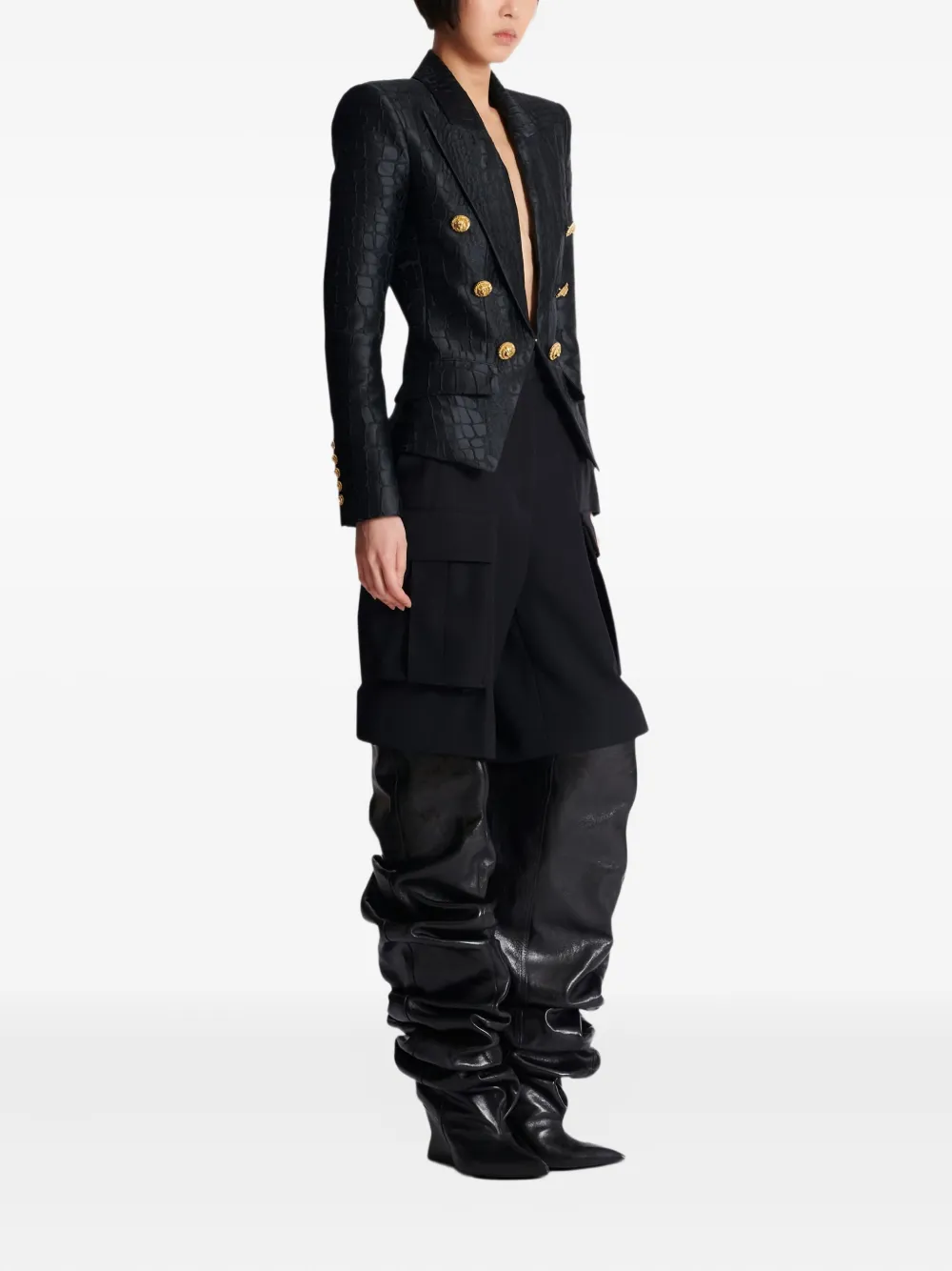 Balmain Crocodile-jacquard Six-buttons Blazer In Black