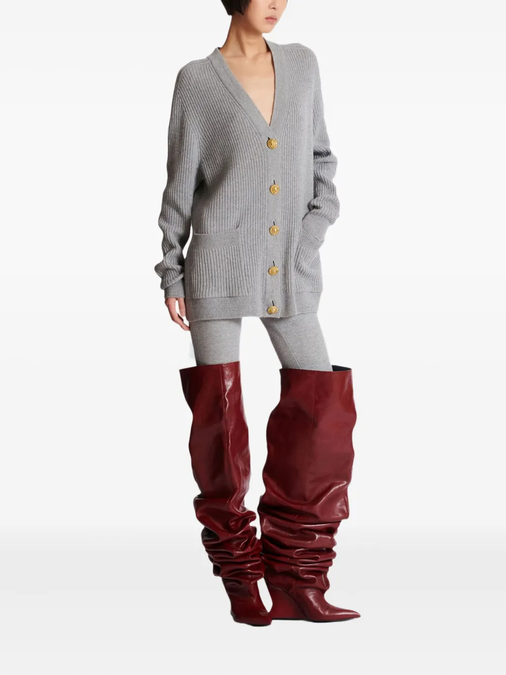 Balmain Ribbed Buttoned Cardigan In Gray