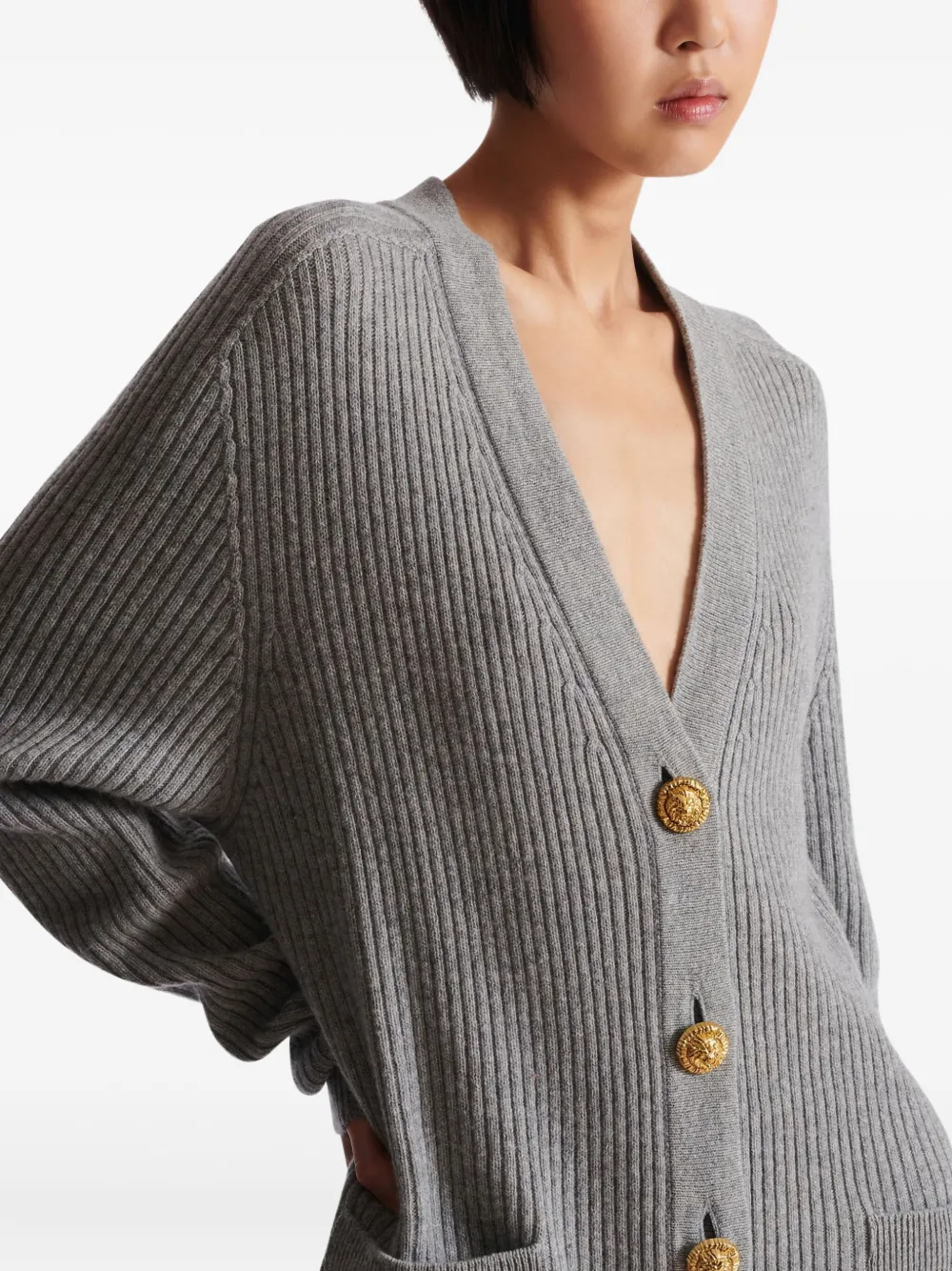 Balmain Ribbed Buttoned Cardigan In Gray
