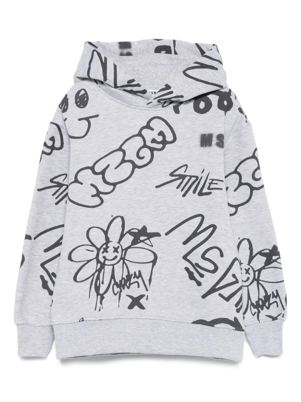 Msgm Graffiti-print Hooded Top In Gray