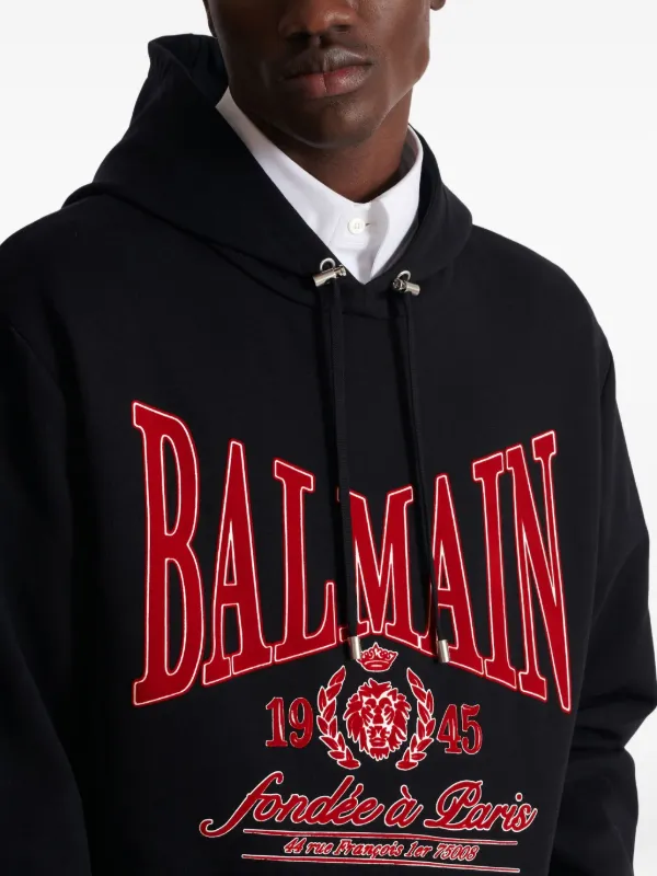 Balmain Flocked Logo Hoodie | Black | FARFETCH