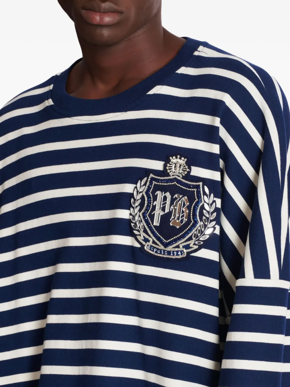 Balmain Cotton Striped College Emblem Sweatshirt In Blue