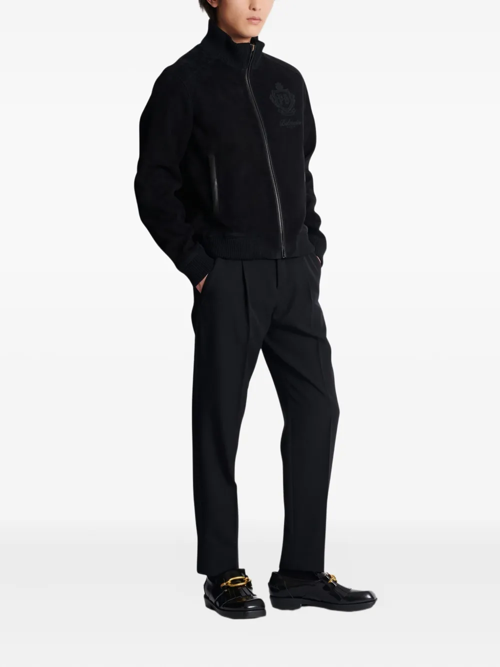Balmain High Collar Blazer With Ribbed Cuffs And Hem In Black