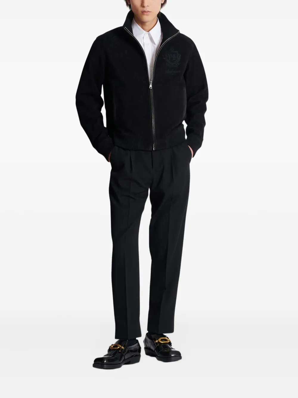 Balmain High Collar Blazer With Ribbed Cuffs And Hem In Black