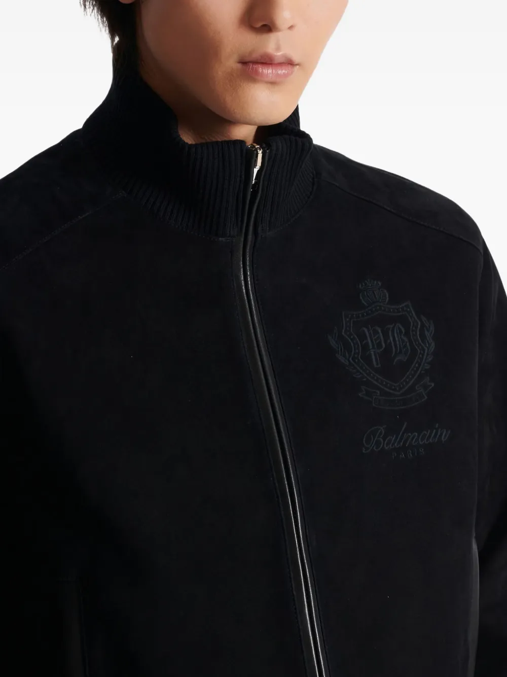 Balmain High Collar Blazer With Ribbed Cuffs And Hem In Black