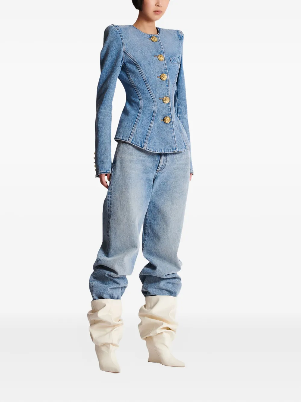 Balmain Padded-shoulder Buttoned Denim Jacket In Blue