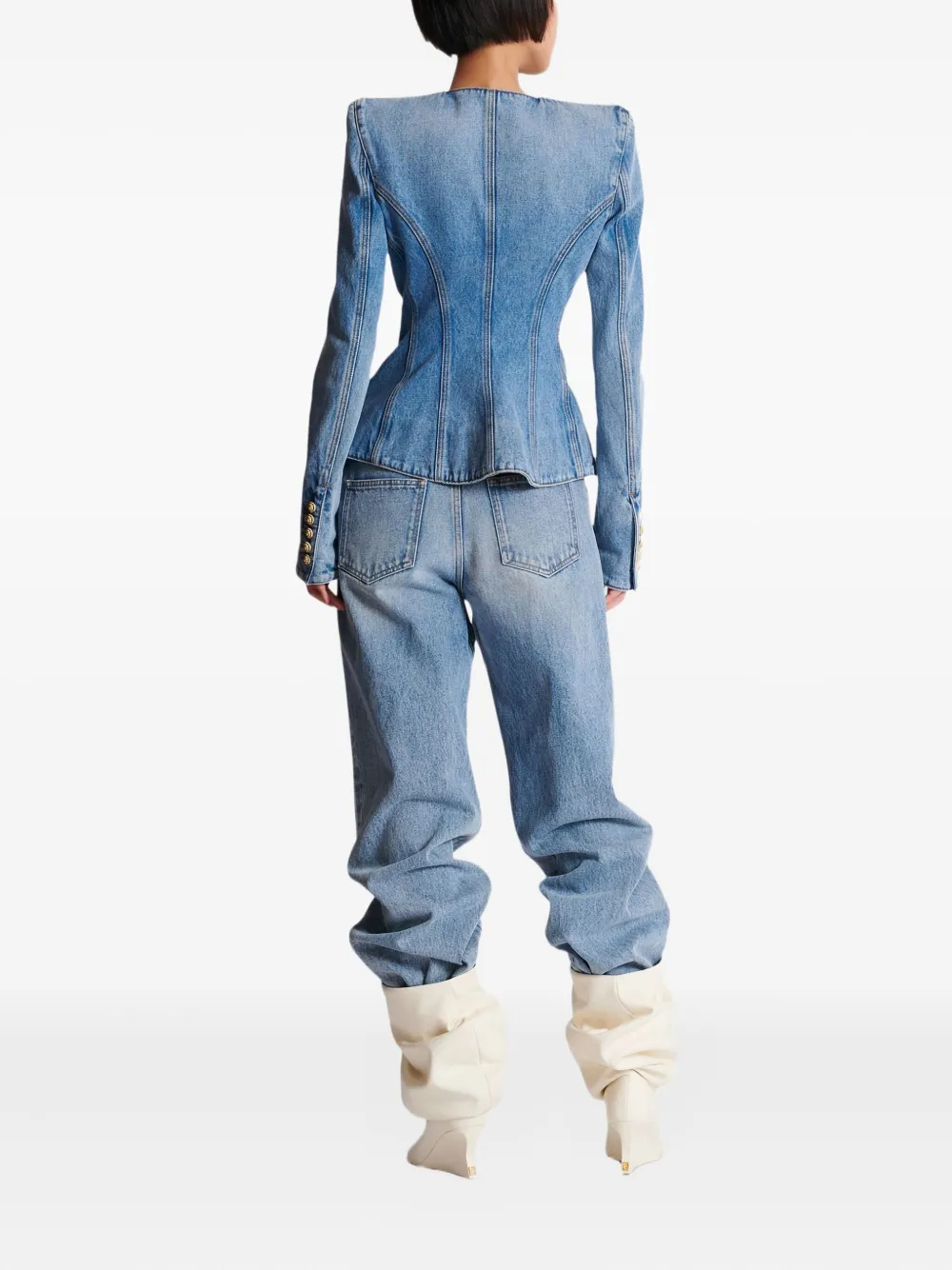 Balmain Padded-shoulder Buttoned Denim Jacket In Blue