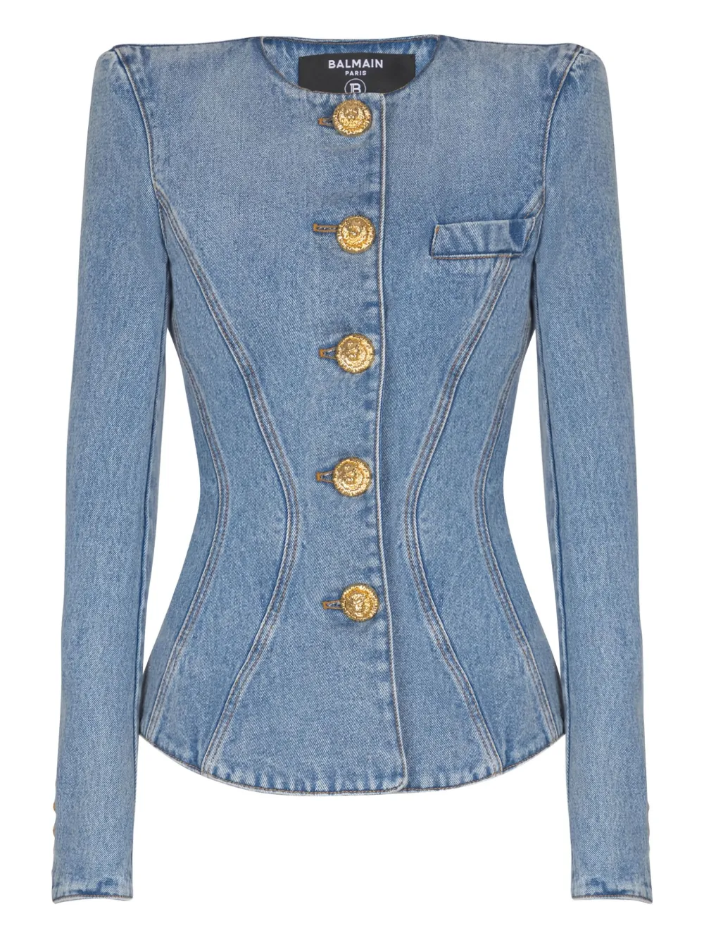 Balmain Padded-shoulder Buttoned Denim Jacket In Blue