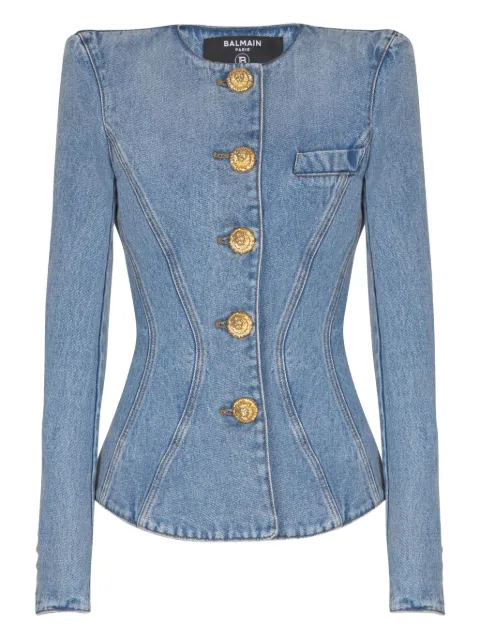 Balmain padded-shoulder buttoned denim jacket