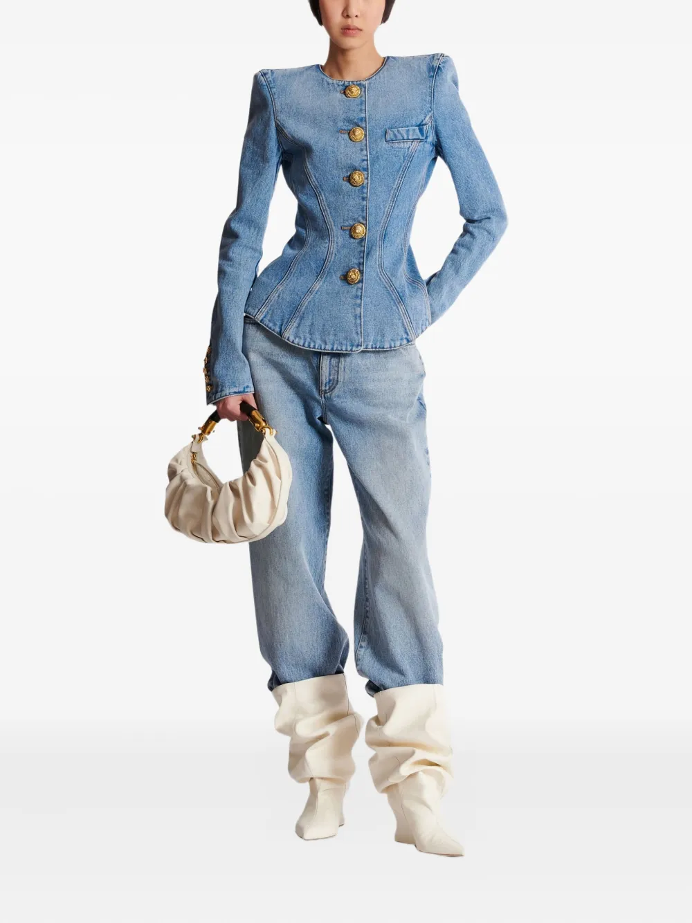 Balmain Padded-shoulder Buttoned Denim Jacket In Blue