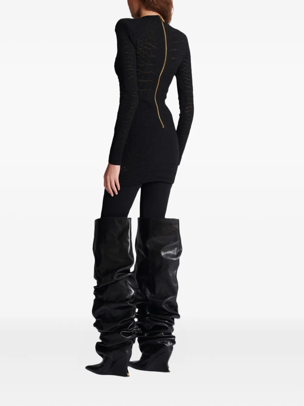 Balmain Sequin-embellished Crocodile-knit Mini Dress In Black