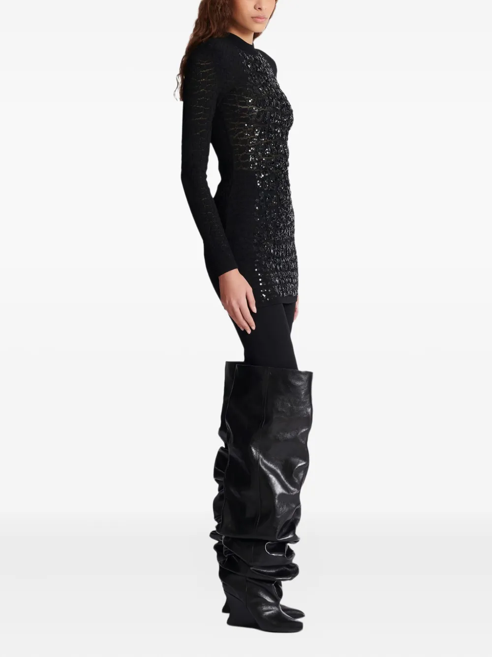 Balmain Sequin-embellished Crocodile-knit Mini Dress In Black