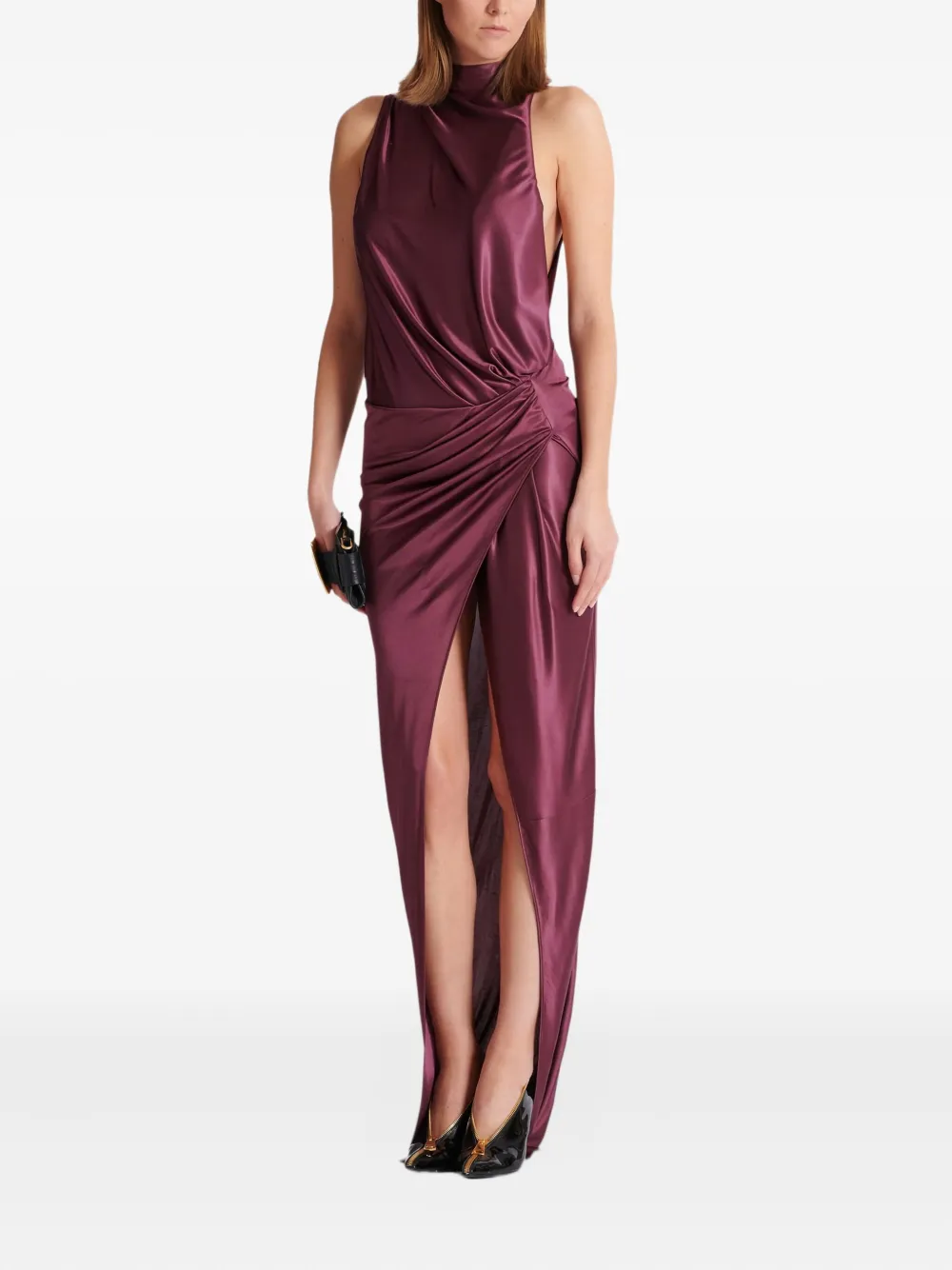 Balmain Gedrapeerde maxi-jurk met hoge hals - Rood