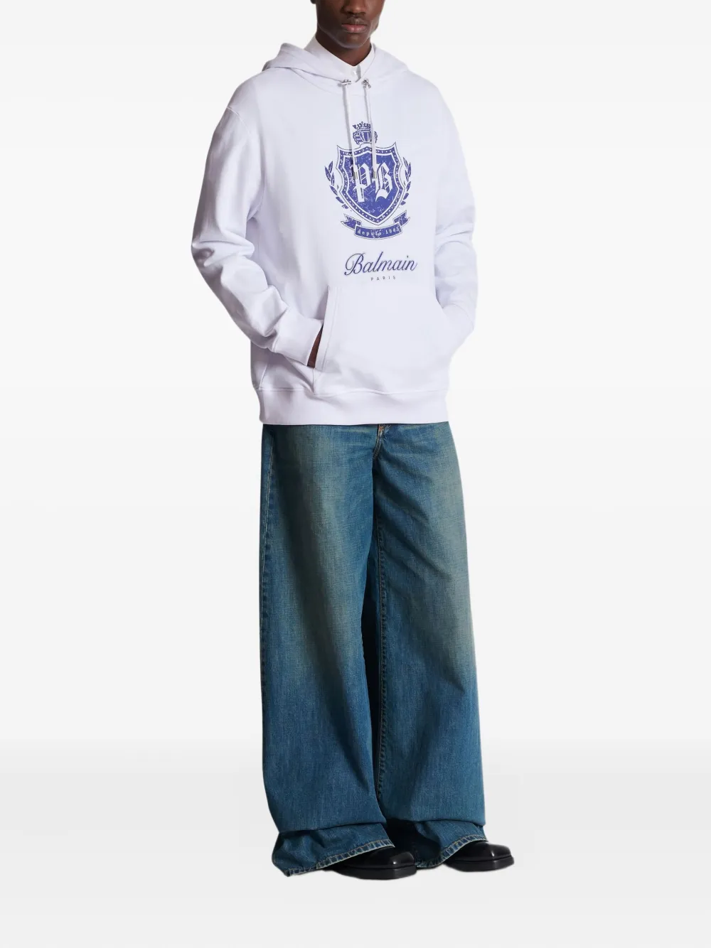Balmain Hooded Sweater Kangaroo Pocket In White