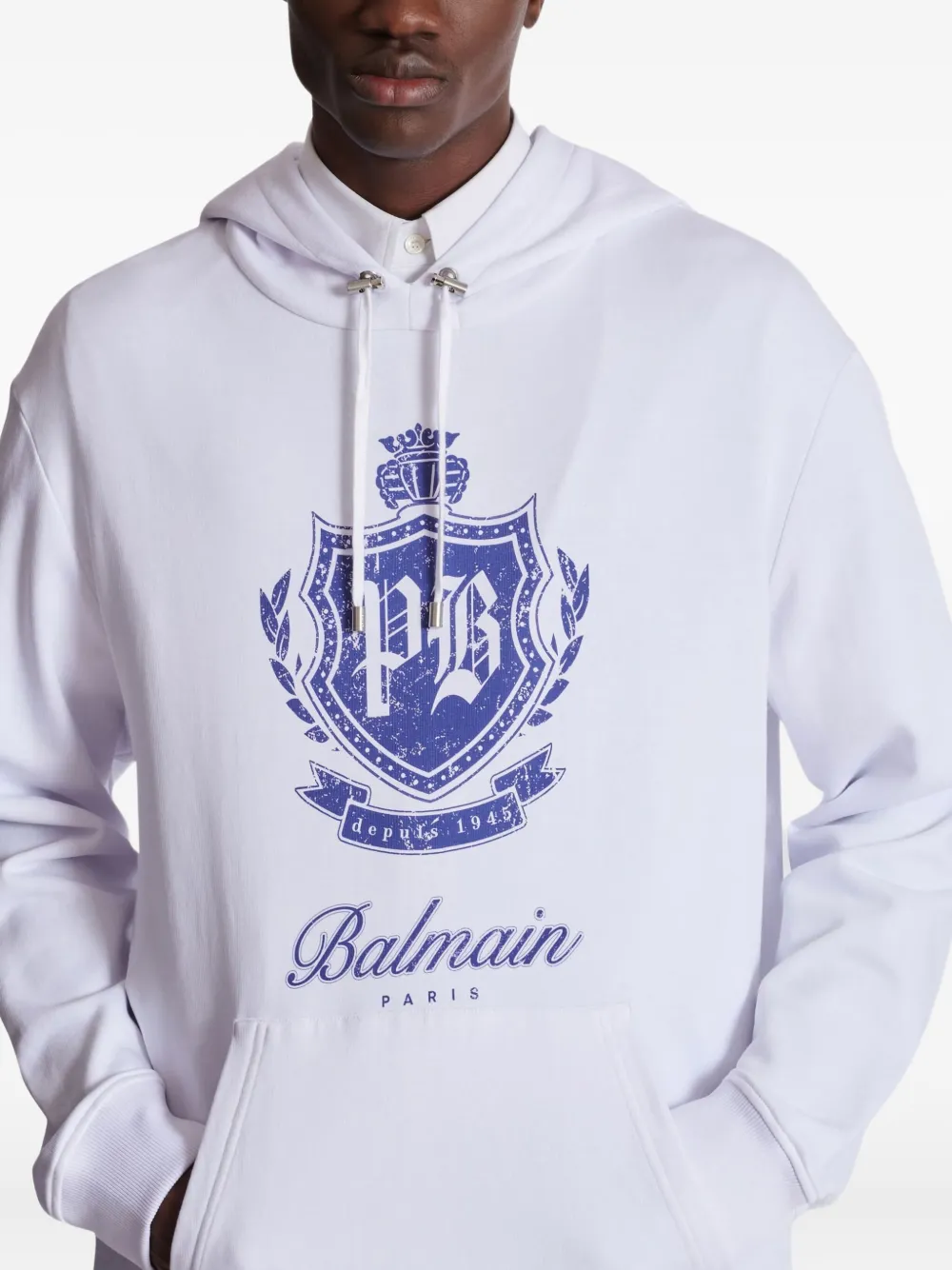 Balmain Hooded Sweater Kangaroo Pocket In White