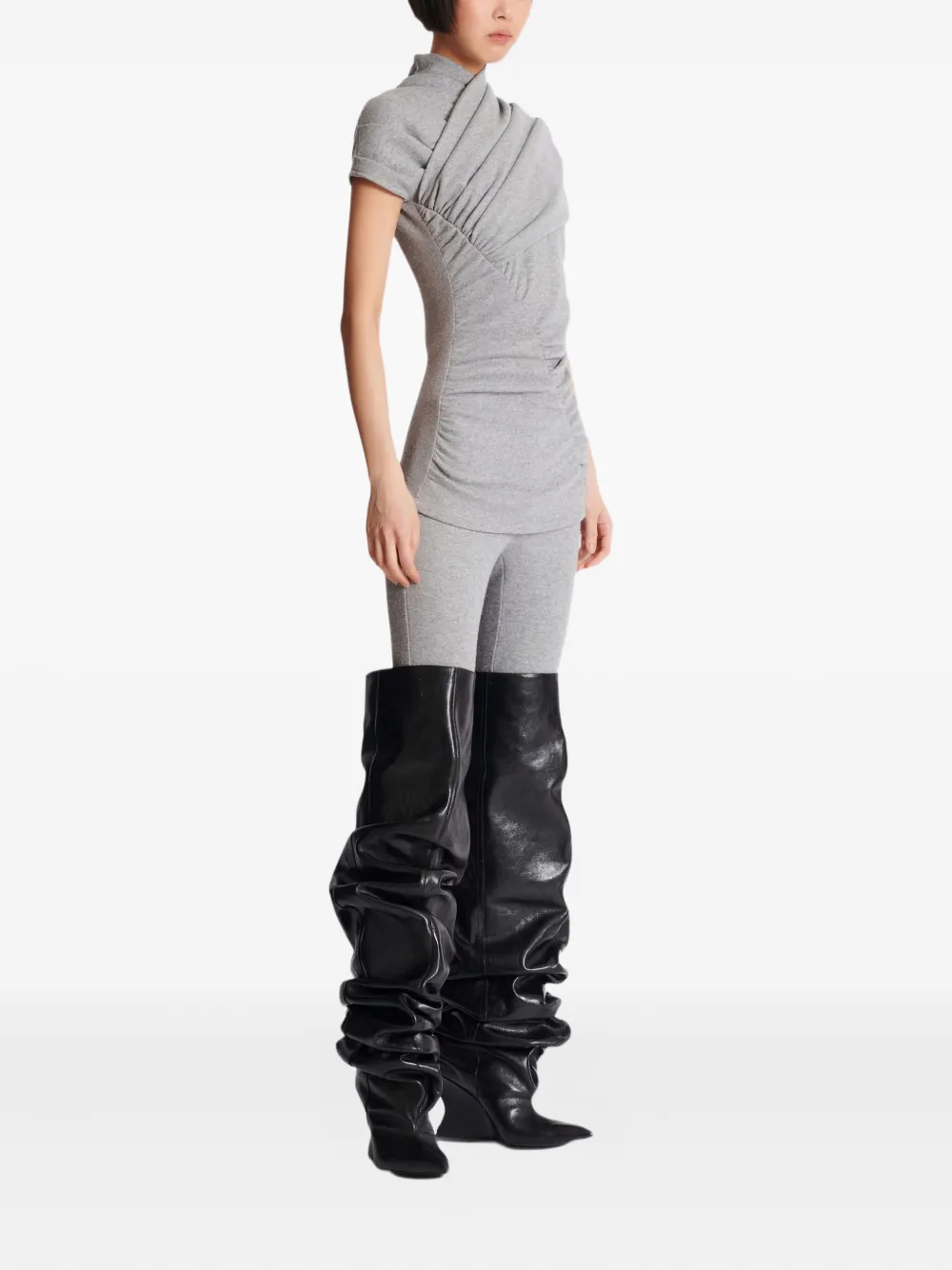 Balmain Draped Short-sleeve Knit Top In Neutral