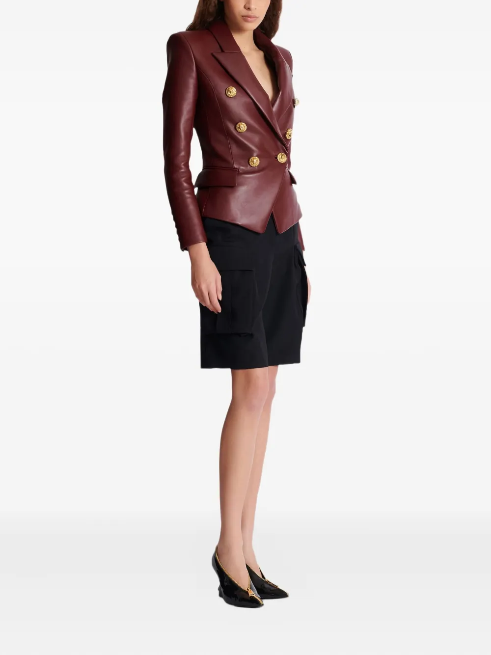 Balmain Double-breasted Lambskin Leather Blazer In Red
