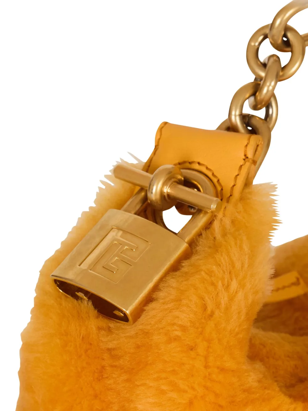 Balmain Mini Sync Shearling Chain Tote Bag In Orange