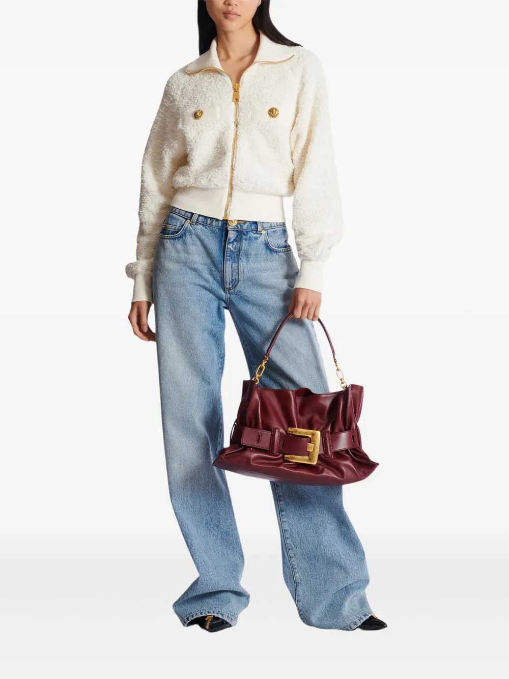 Balmain Anthem medium gesmockte leren schoudertas met ceintuur - Rood