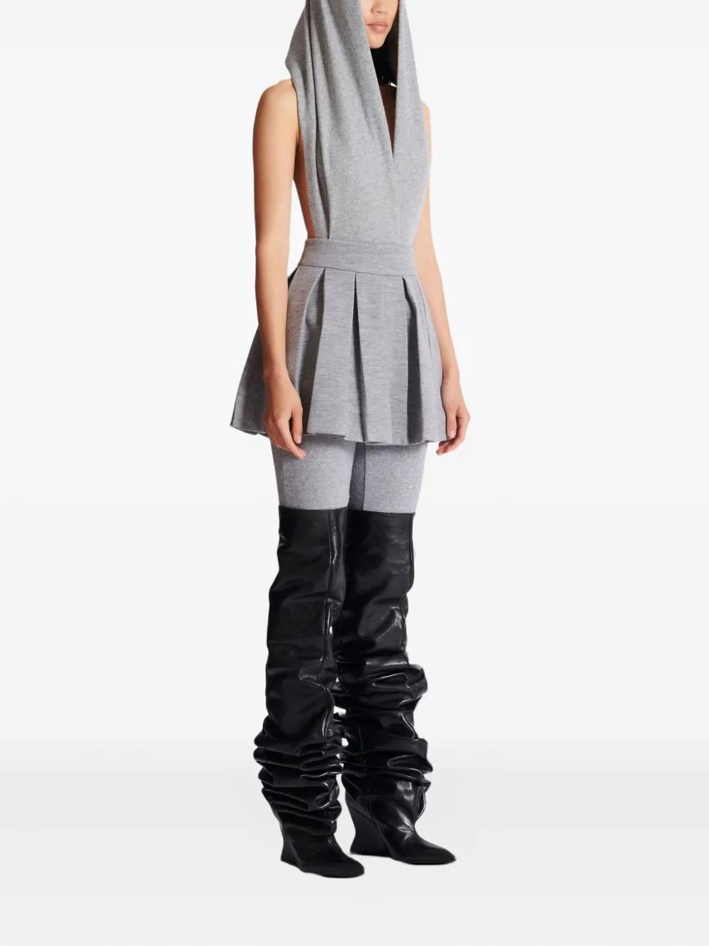 Balmain Pleated Knit Mini Skirt In Gray