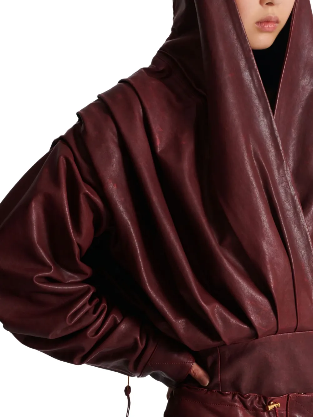 Balmain Hooded Draped Leather Mini Dress In Red
