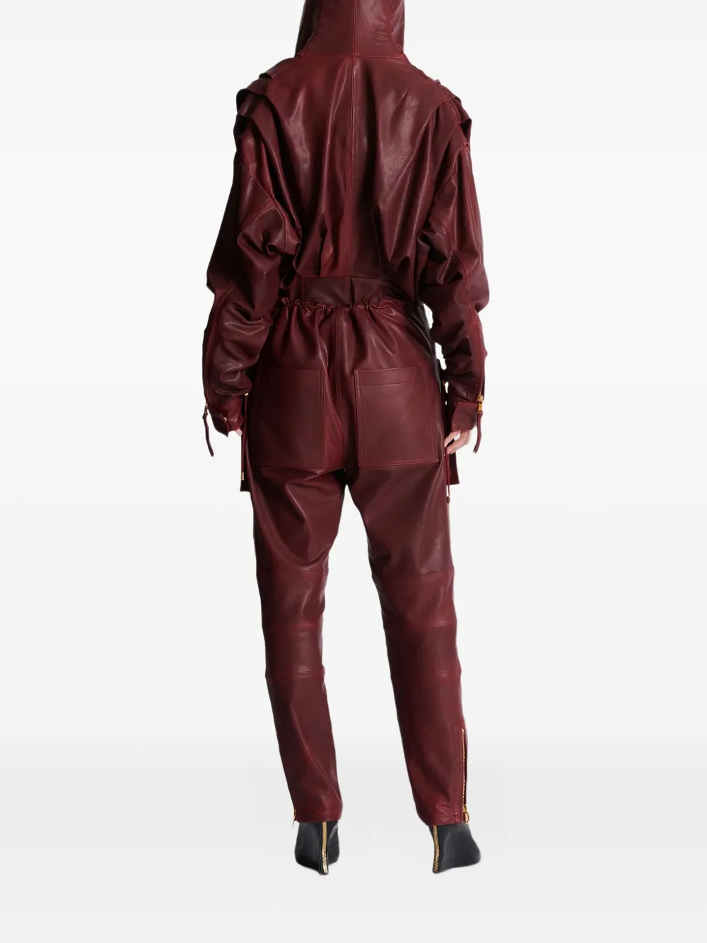 Balmain Hooded Draped Leather Mini Dress In Red
