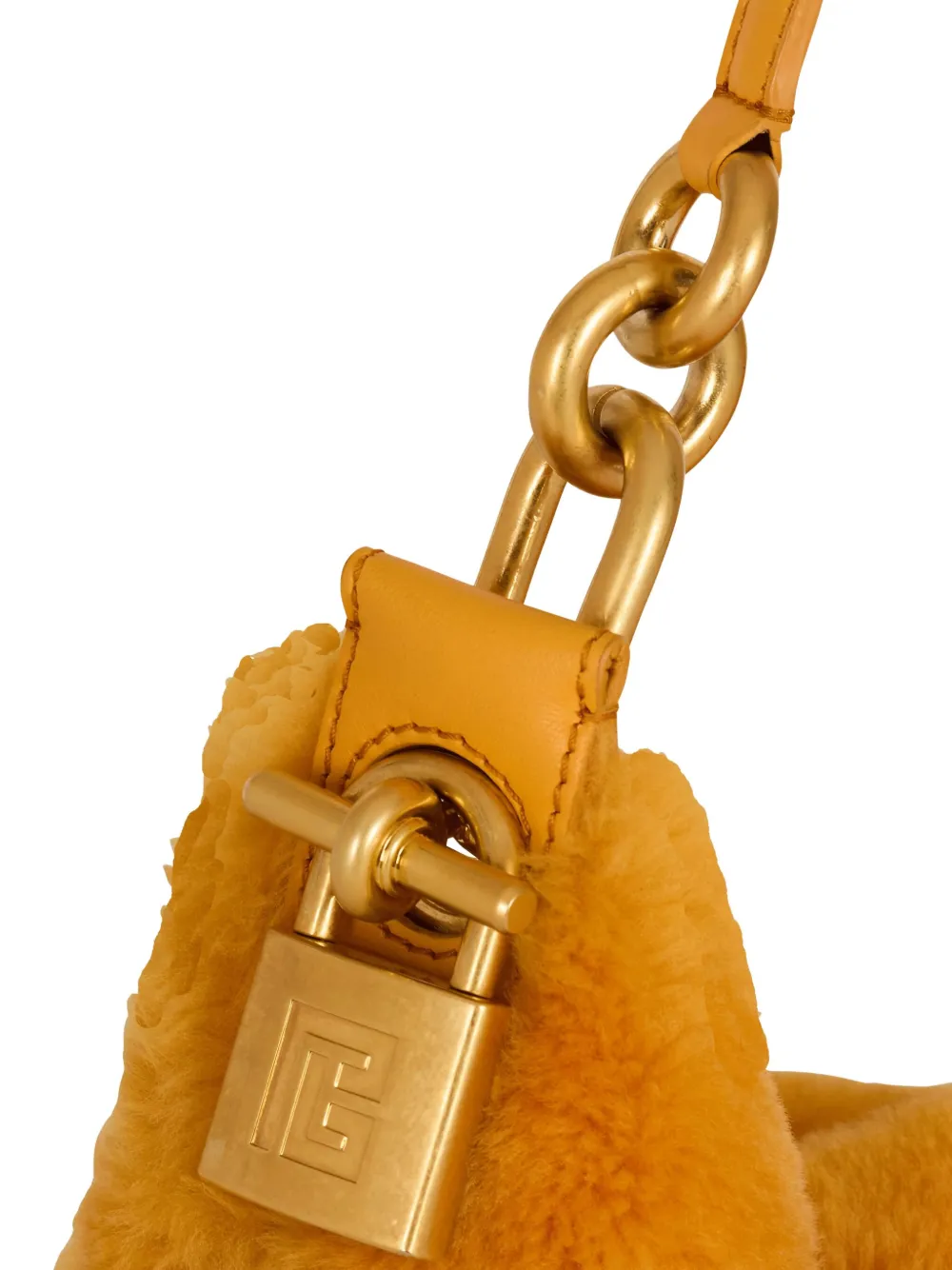 Balmain Medium Sync Shearling Chain Shoulder Bag In Orange