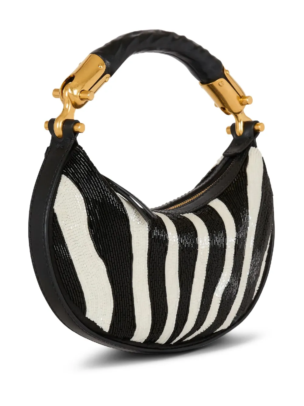 Balmain Zebra-striped Beaded Shoulder Bag In Black