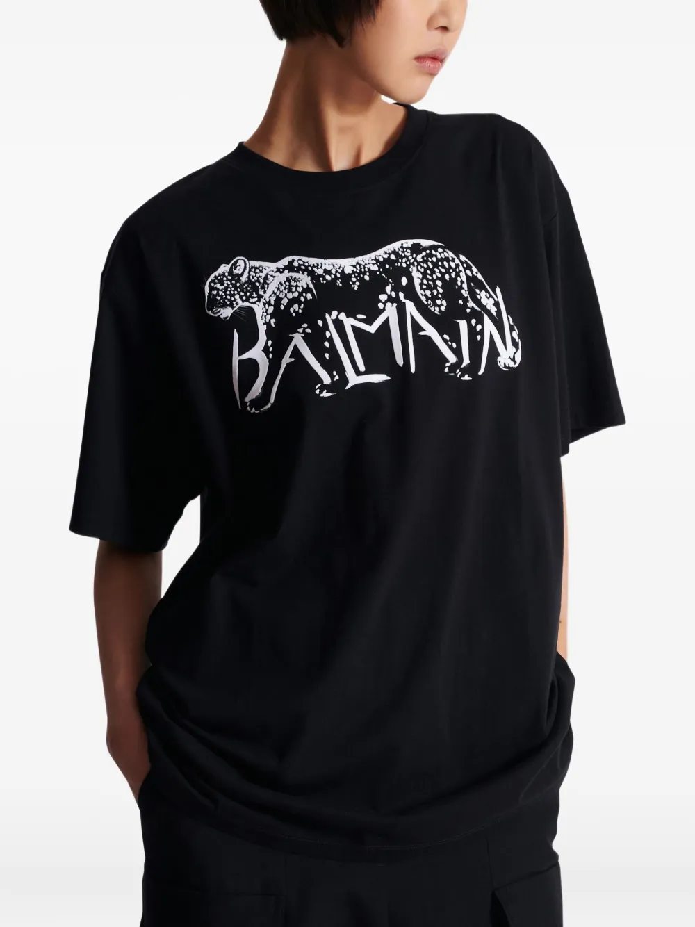 Balmain Leopard Print Cotton T-shirt Clothing In Black