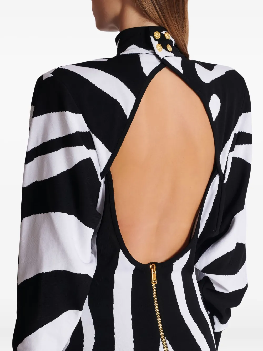 Balmain Zebra-intarsia High-neck Midi Dress In Black