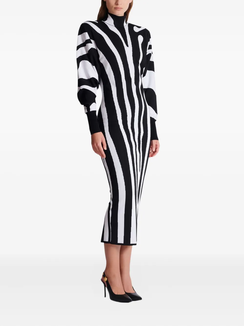 Balmain Zebra-intarsia High-neck Midi Dress In Black