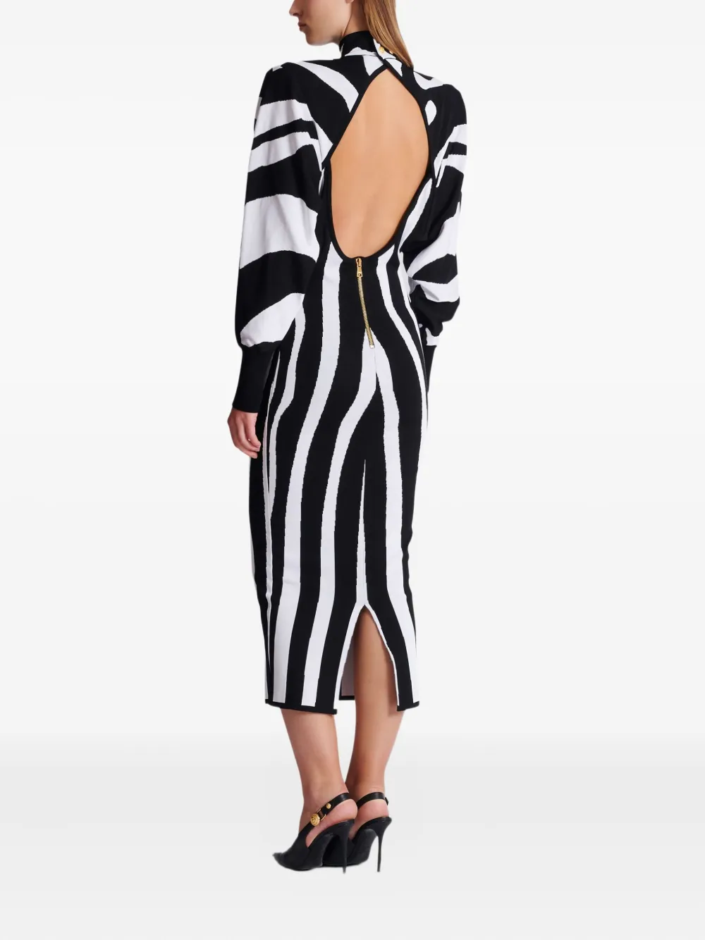 Balmain Zebra-intarsia High-neck Midi Dress In Black