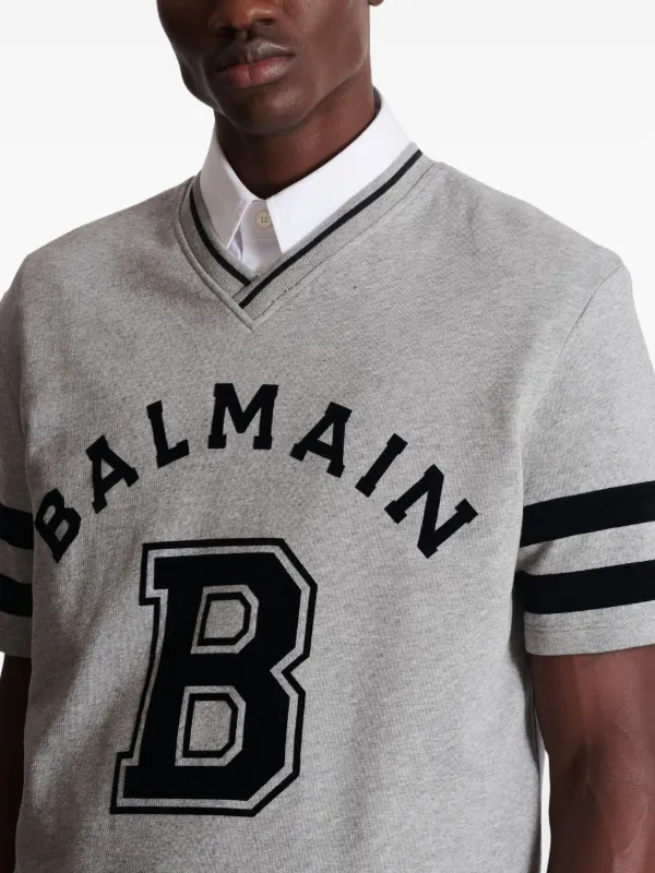 Balmain V-neck logo-print T-shirt | Grey | FARFETCH