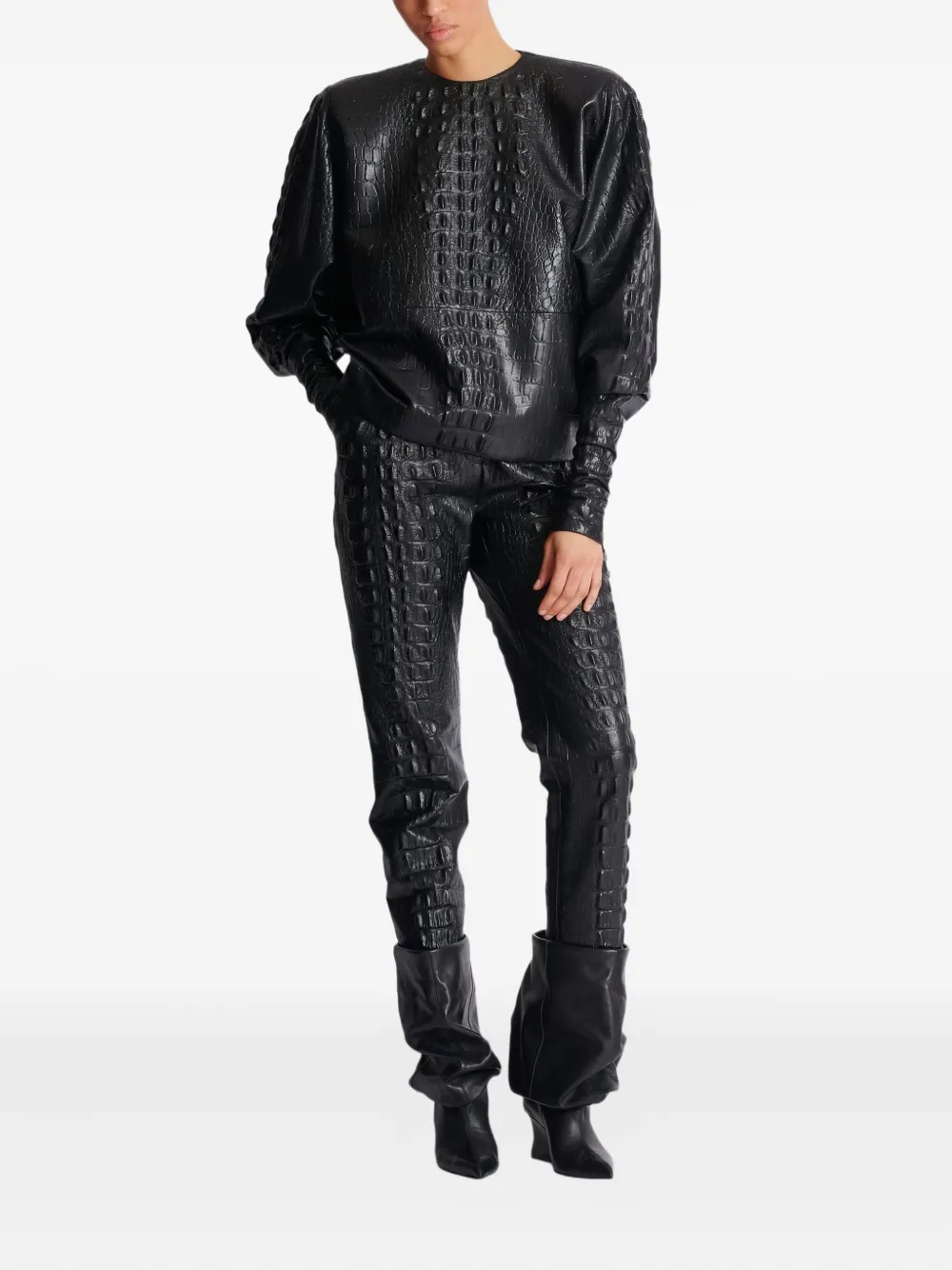 Balmain Top met pofmouwen en krokodillen-reliëf - Zwart