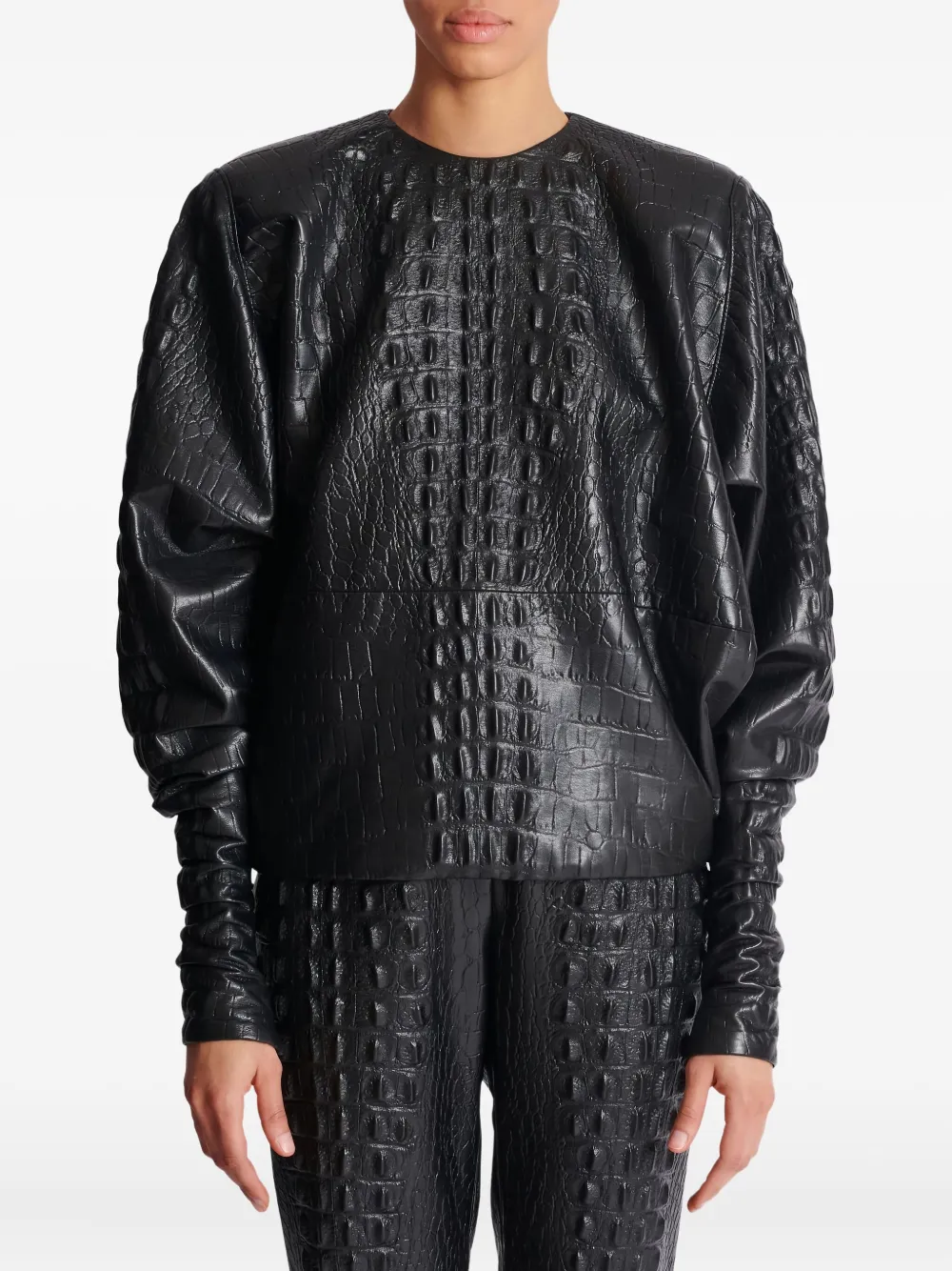 Balmain Top met pofmouwen en krokodillen-reliëf Zwart
