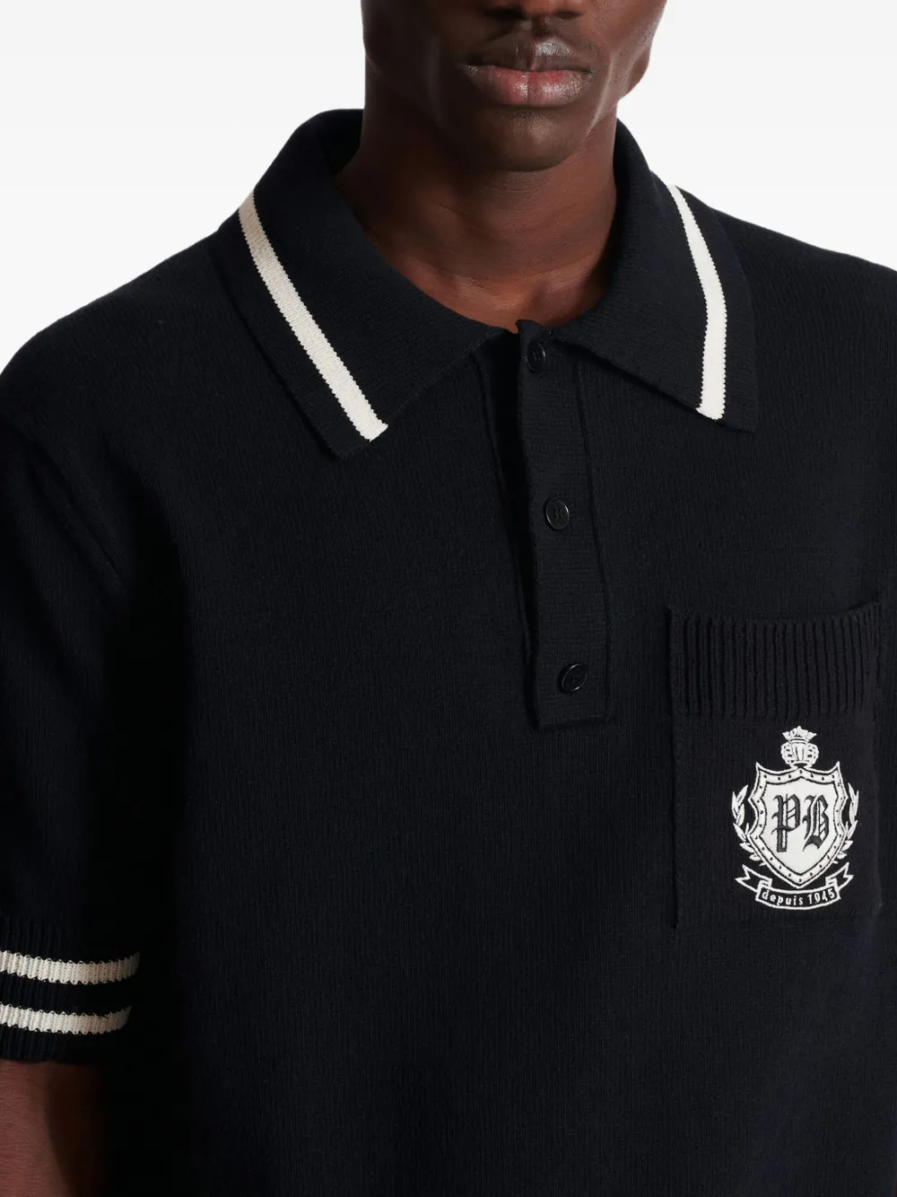 Balmain Striped Collar Short Sleeve Polo Shirt In Black