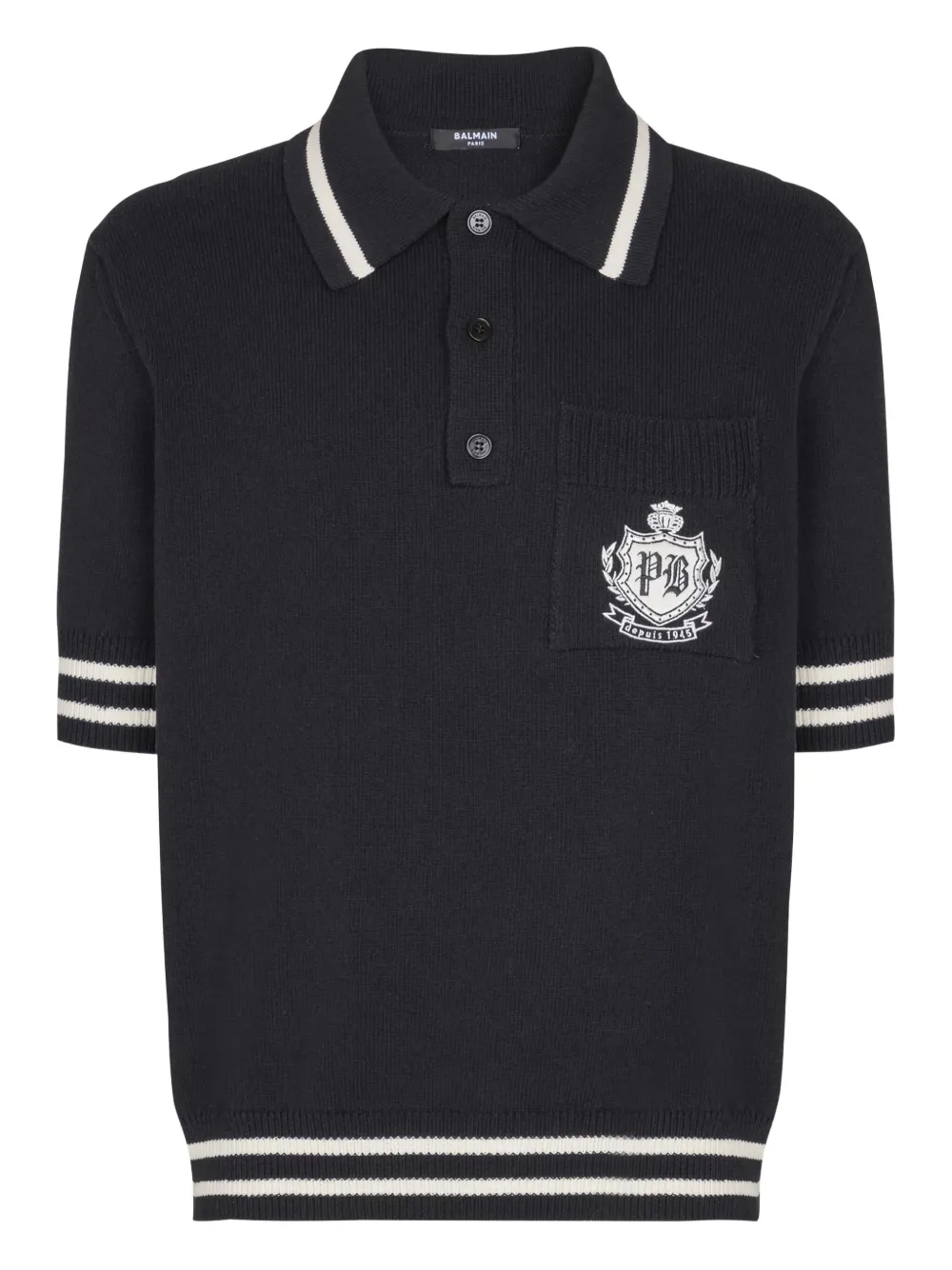 Balmain Striped Collar Short Sleeve Polo Shirt In Black