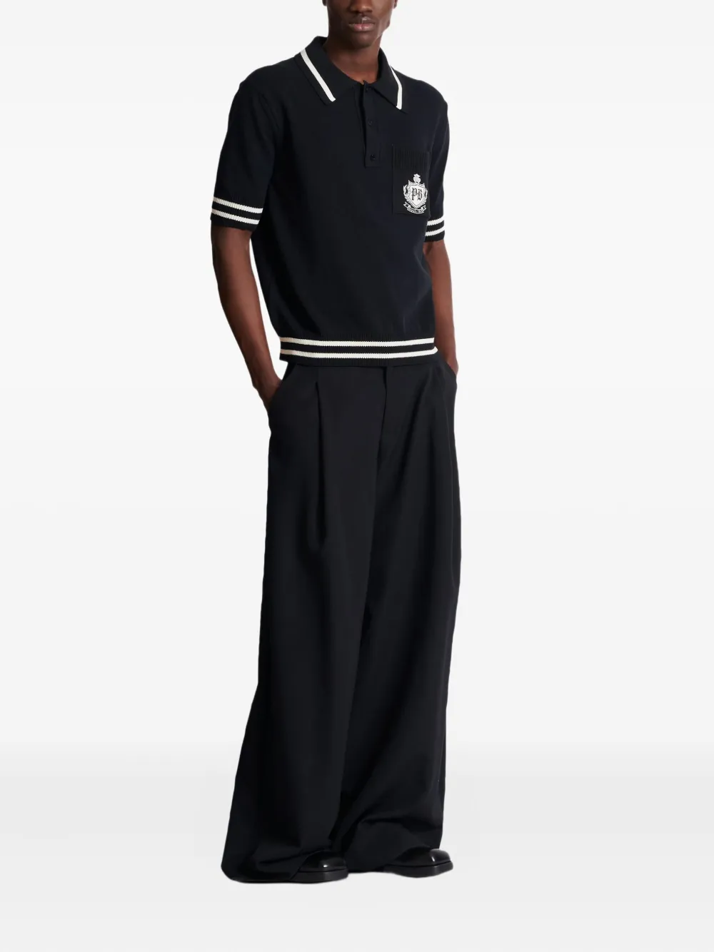 Balmain Striped Collar Short Sleeve Polo Shirt In Black