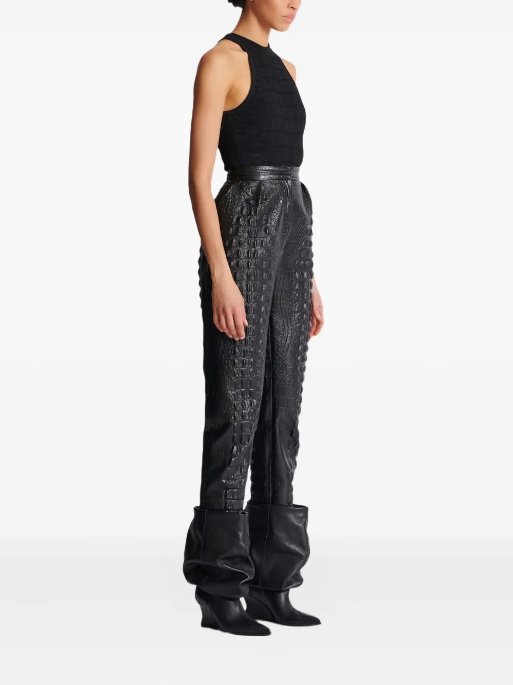 Balmain Crocodile-effect Embossed High-waisted Trousers In Black