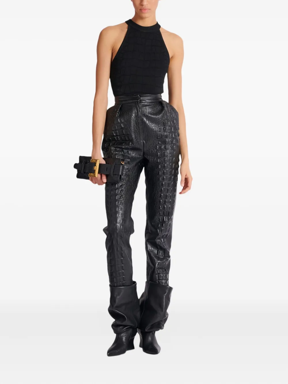 Balmain High-waist broek met krokodillen-reliëf - Zwart