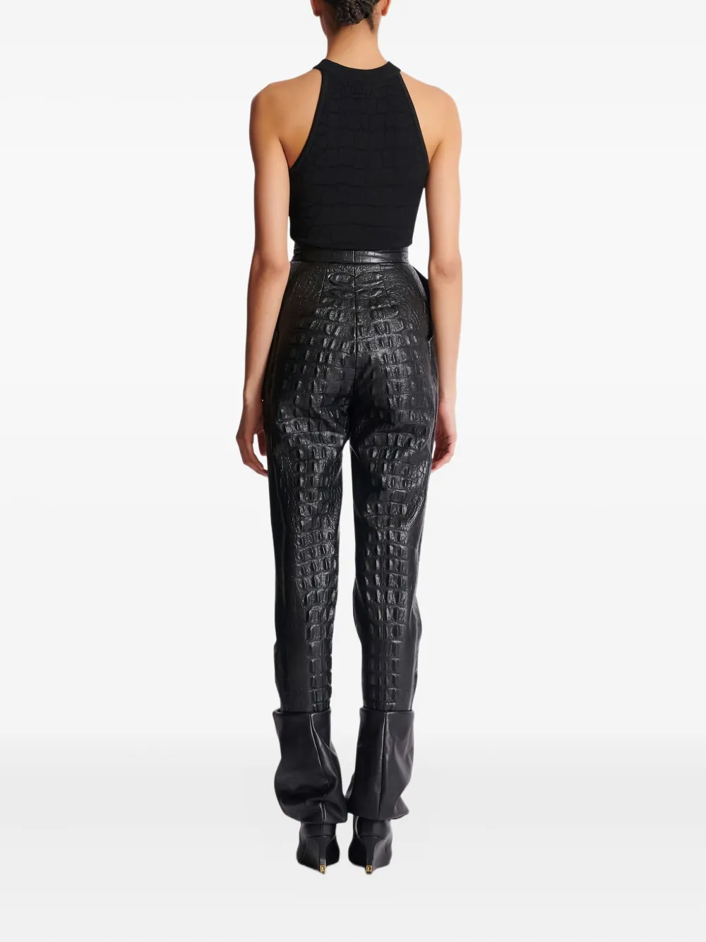 Balmain Crocodile-effect Embossed High-waisted Trousers In Black