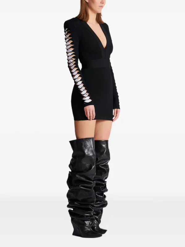 balmain black mini dress Balmain V-neck Mini Dress With Cut-out Sleeves