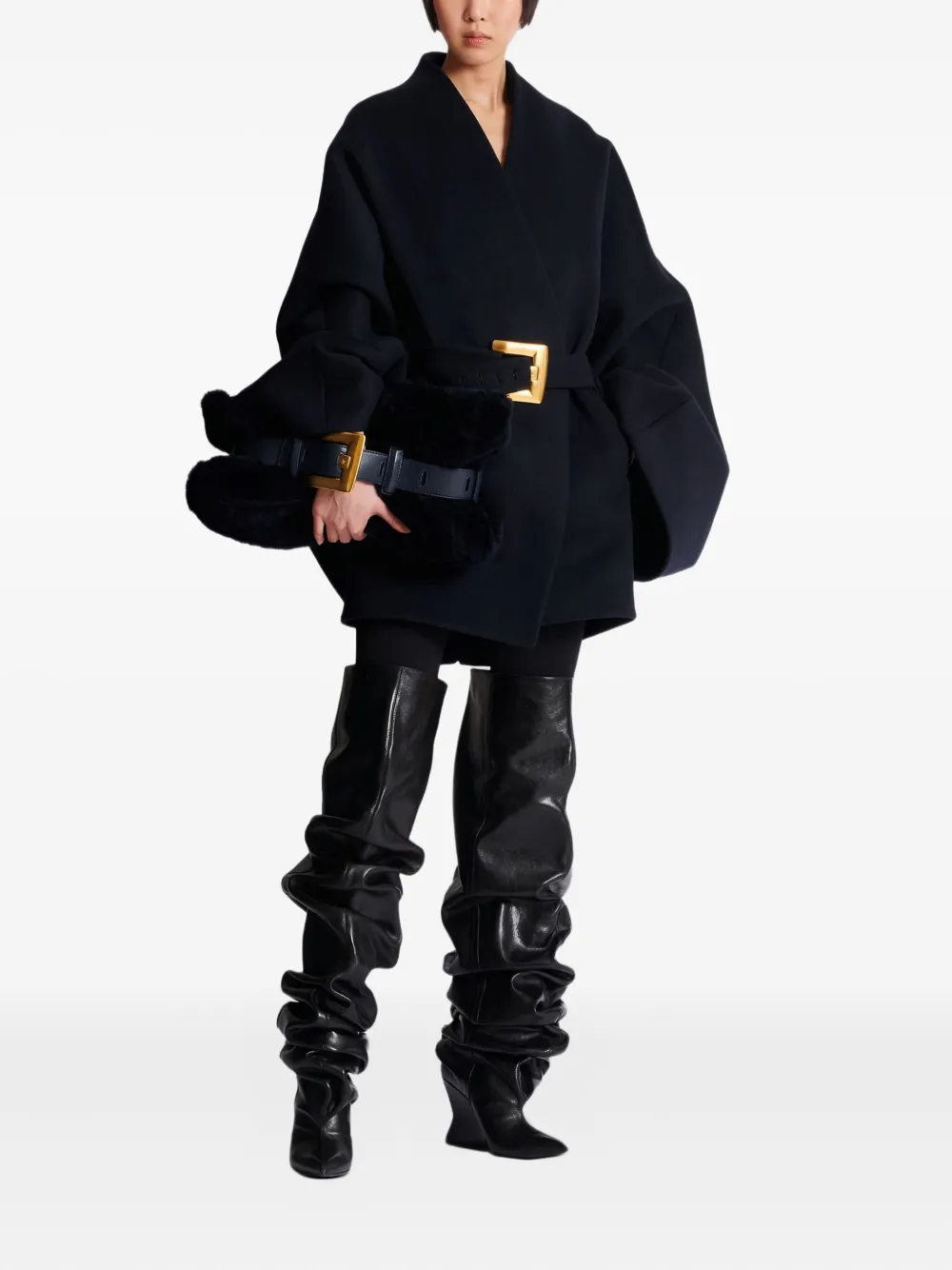 Balmain Belted Wrap Coat In Black