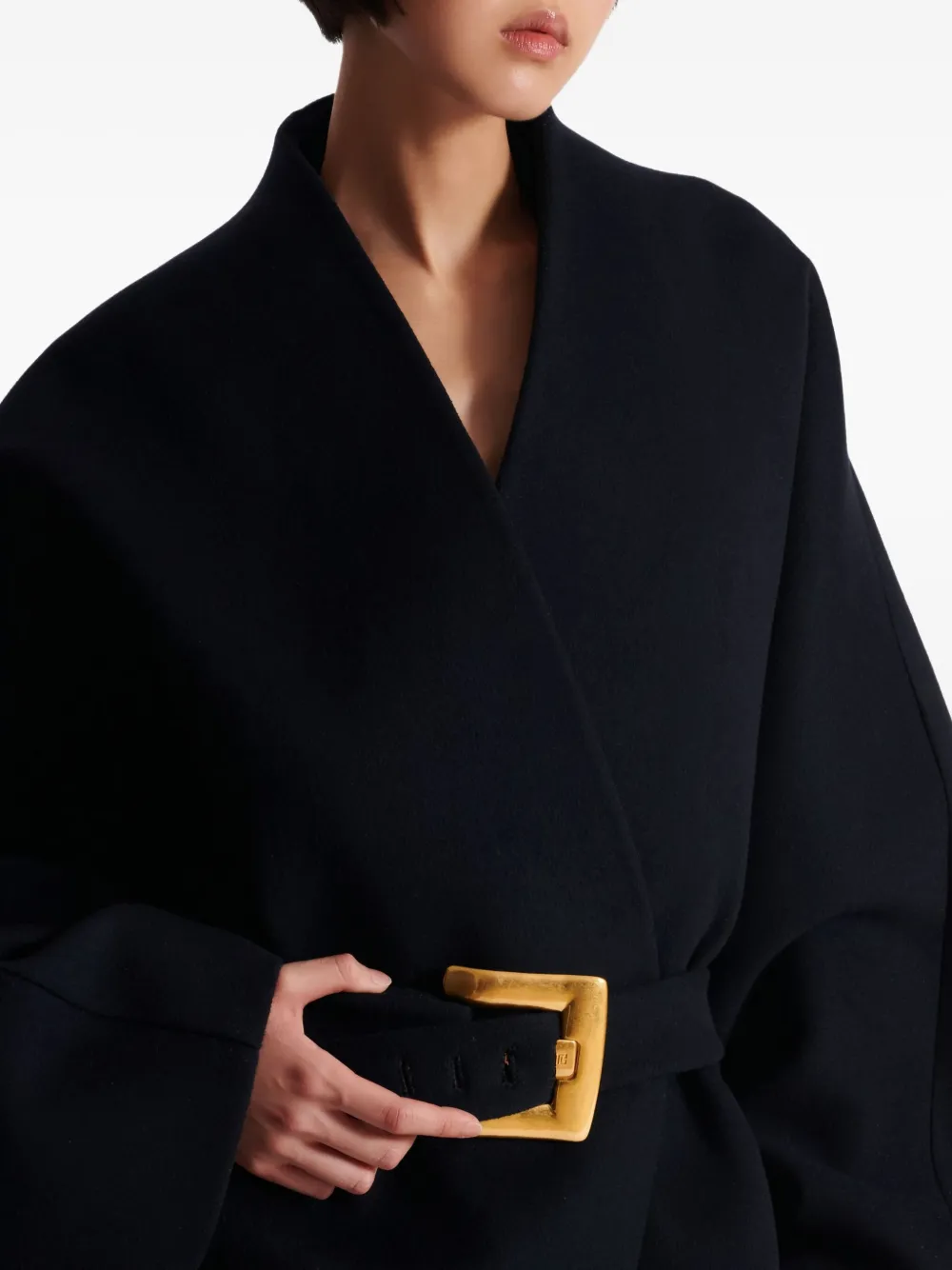 Balmain Belted Wrap Coat In Black