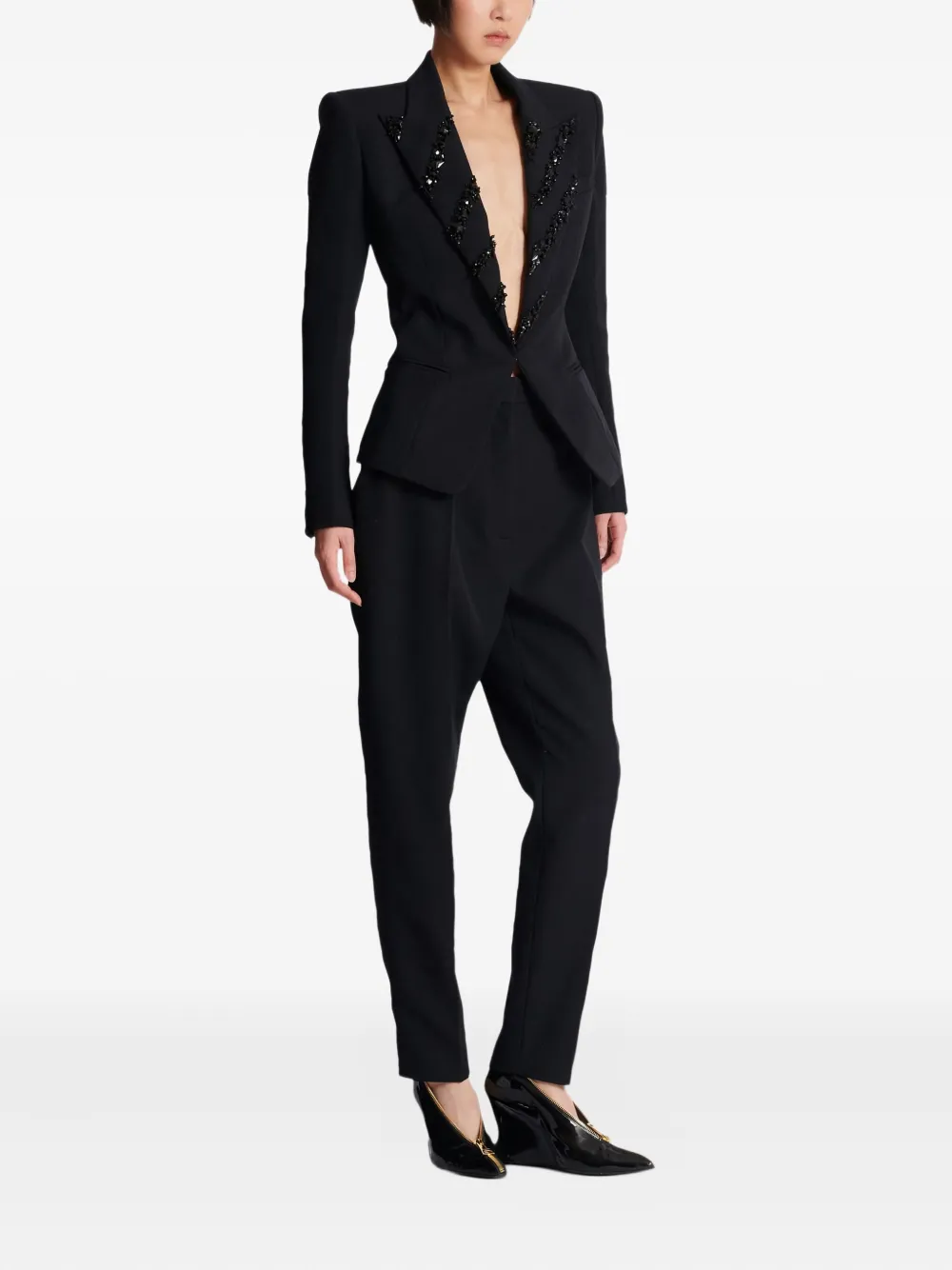 Balmain Crystal Embellished-lapels Blazer In Black