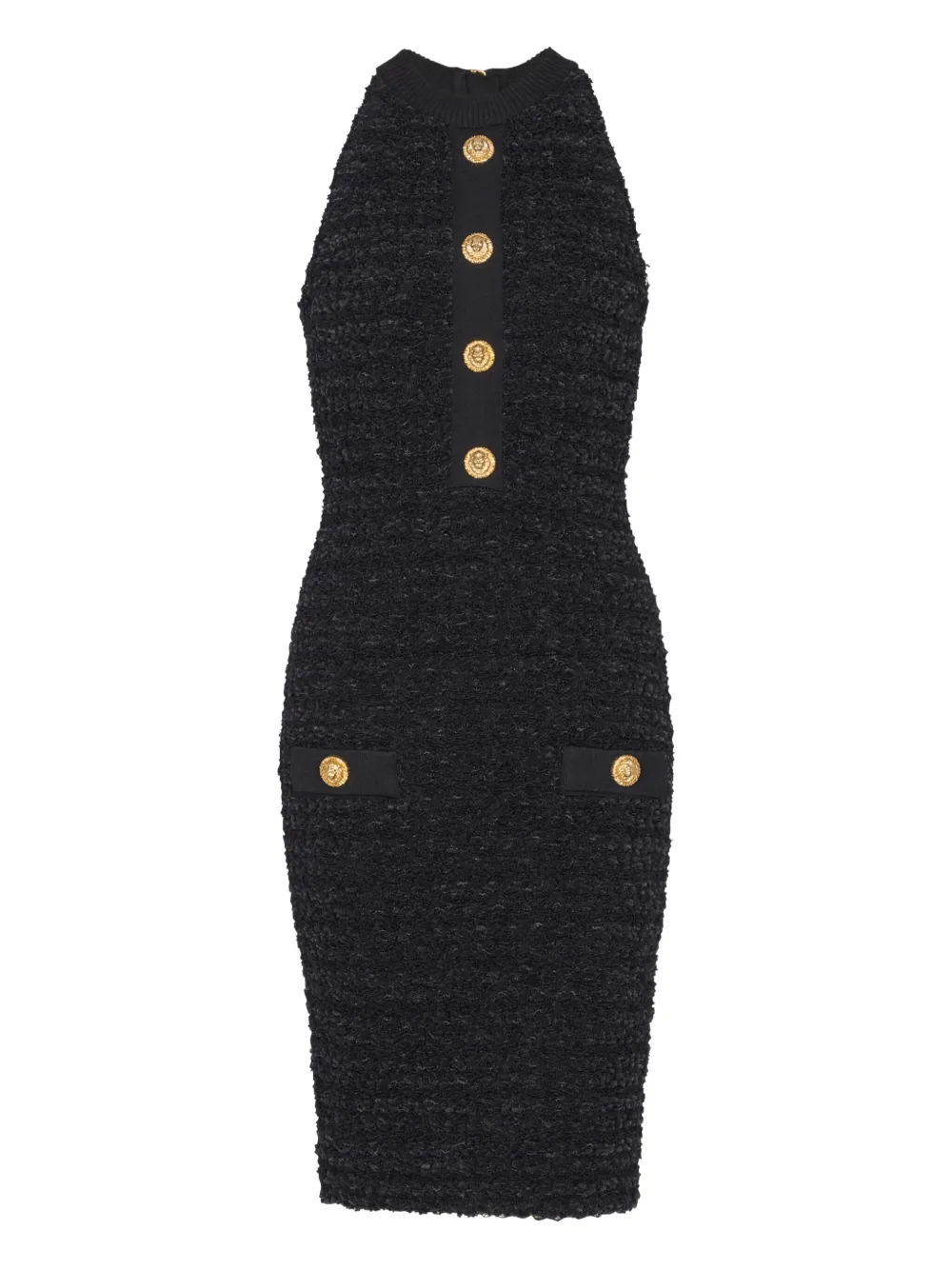 Balmain Buttoned-pocket Tweed Mini Dress In Black