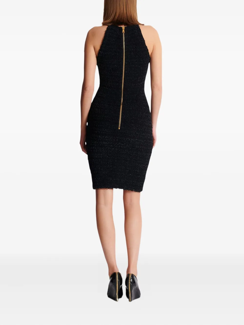 Balmain Buttoned-pocket Tweed Mini Dress In Black