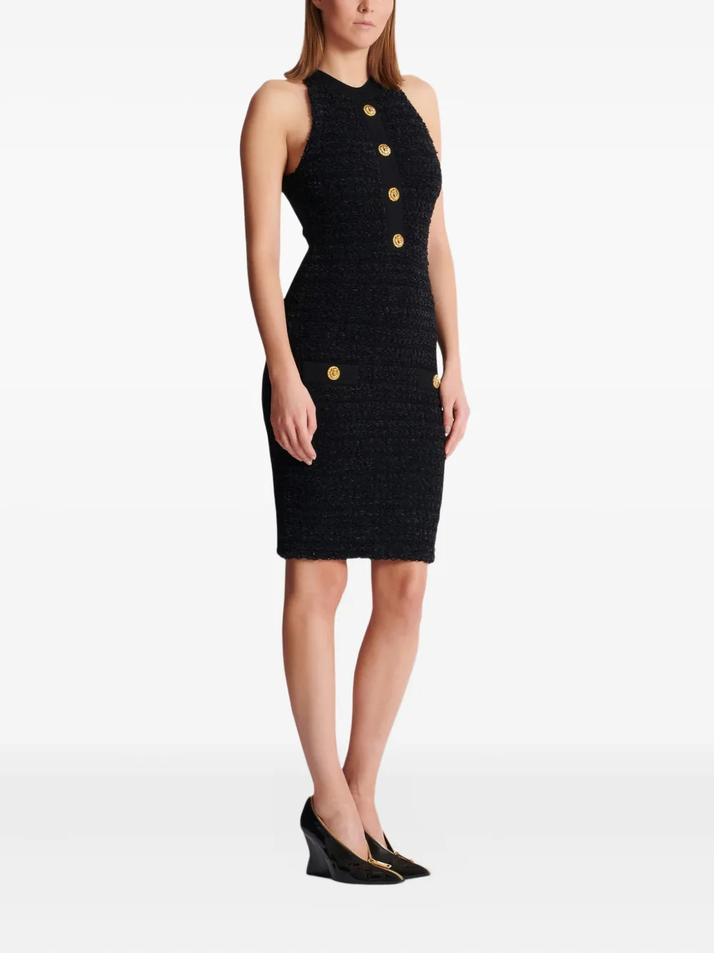 Balmain Buttoned-pocket Tweed Mini Dress In Black
